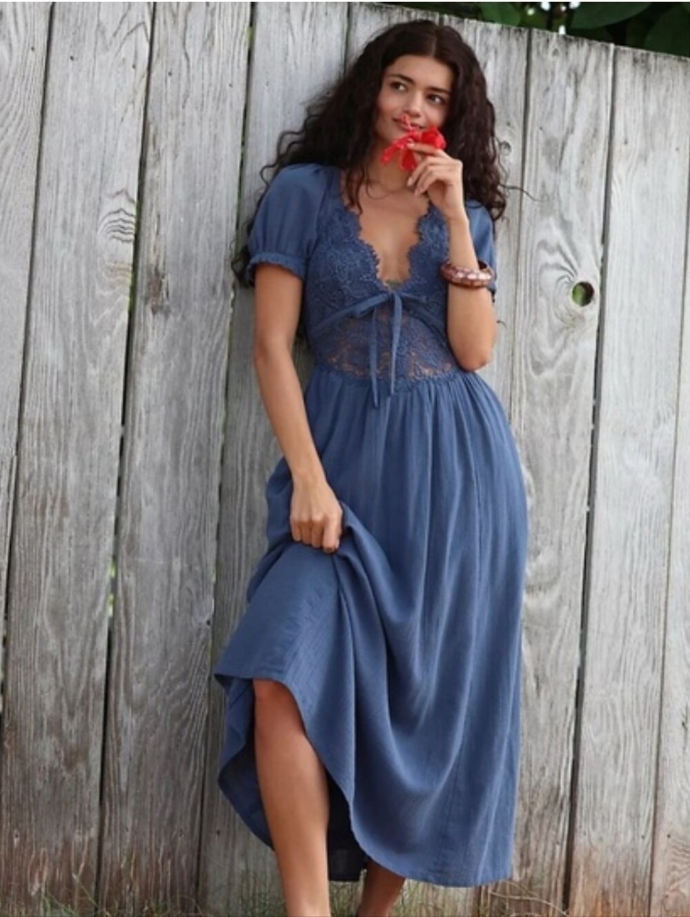 Free People Blue Lace-Detail Women’s Midi Dress